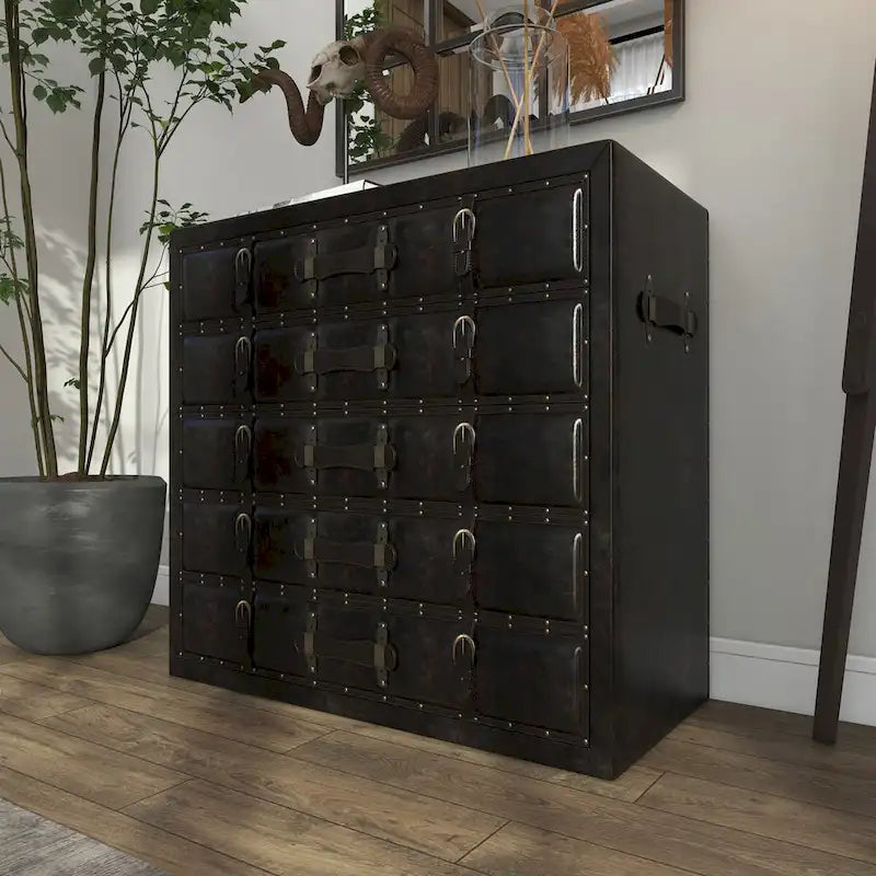 Malle de rangement vintage en bois et similicuir avec boucles et sangles - Noir