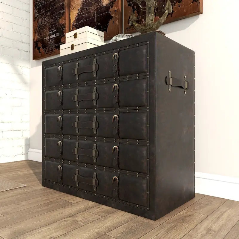 Malle de rangement vintage en bois et similicuir avec boucles et sangles - Noir