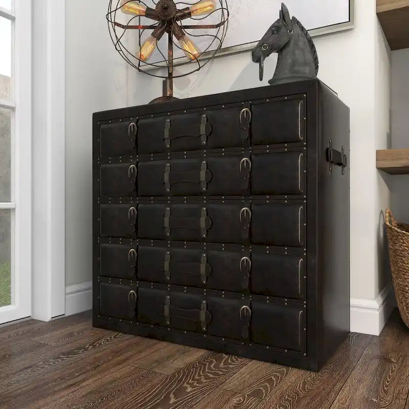 Malle de rangement vintage en bois et similicuir avec boucles et sangles - Noir