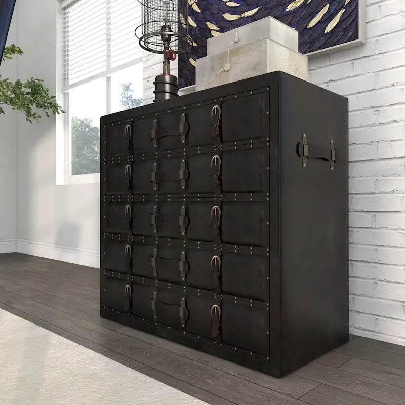 Malle de rangement vintage en bois et similicuir avec boucles et sangles - Noir
