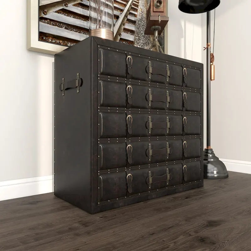 Malle de rangement vintage en bois et similicuir avec boucles et sangles - Noir