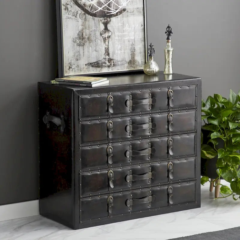 Malle de rangement vintage en bois et similicuir avec boucles et sangles - Noir