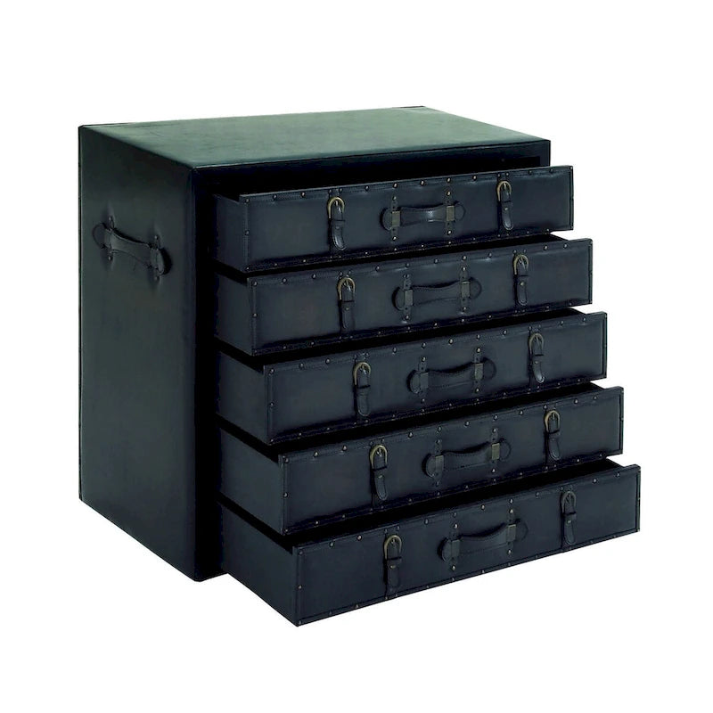 Malle de rangement vintage en bois et similicuir avec boucles et sangles - Noir