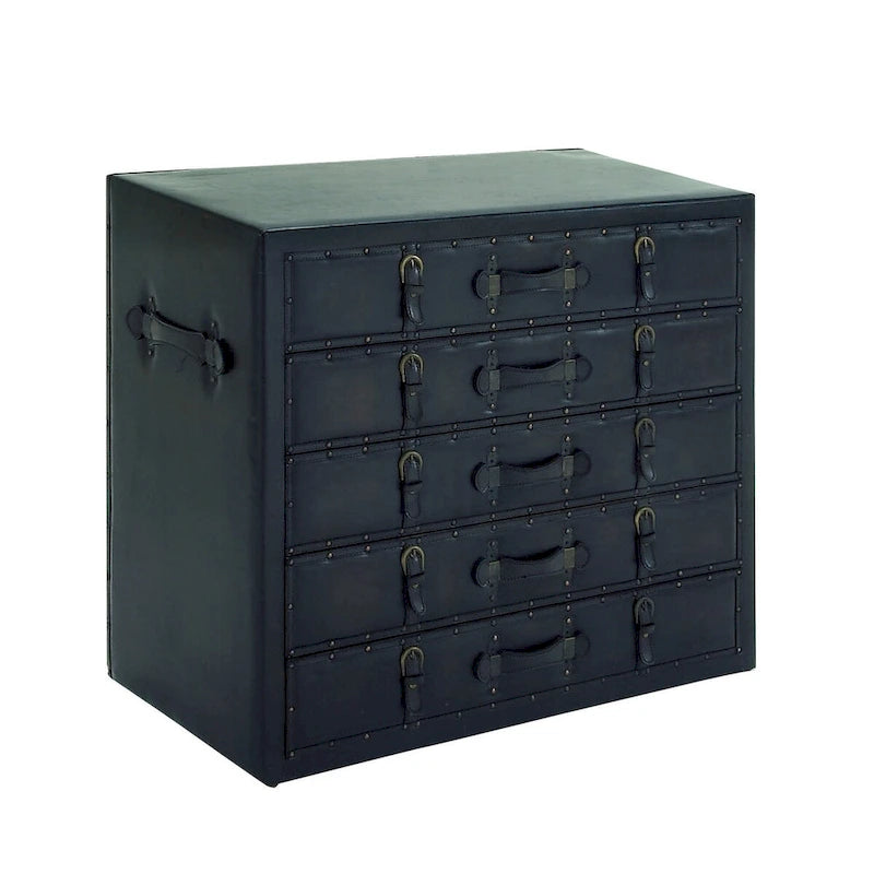 Malle de rangement vintage en bois et similicuir avec boucles et sangles - Noir