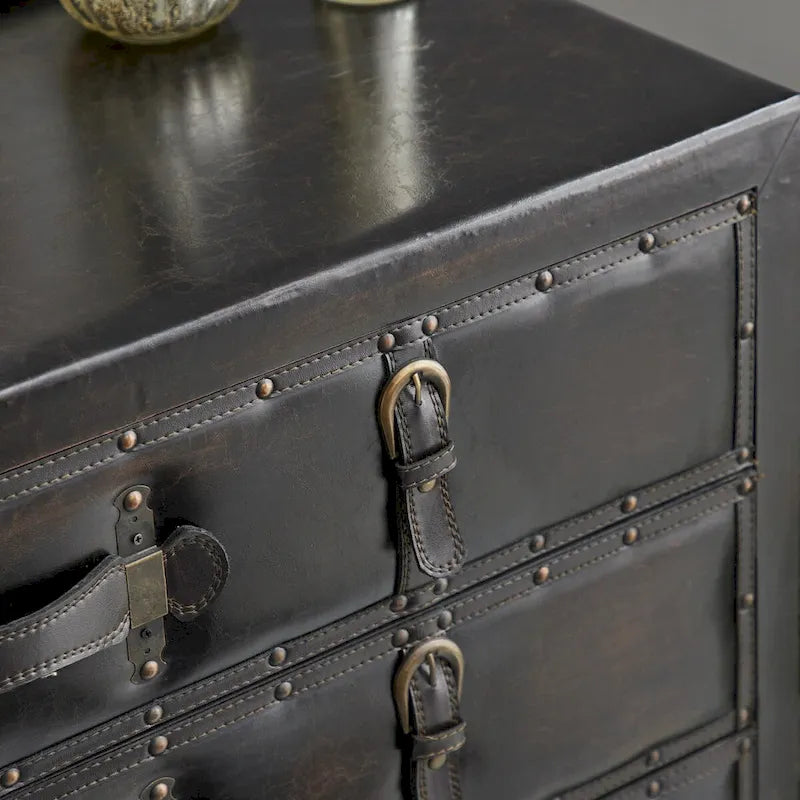 Malle de rangement vintage en bois et similicuir avec boucles et sangles - Noir