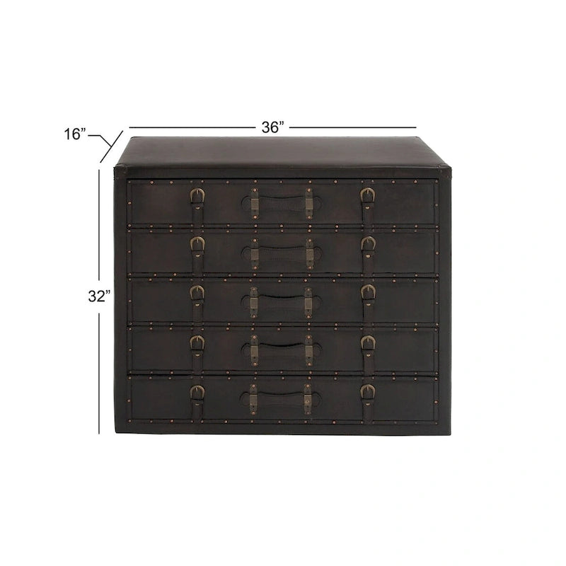 Malle de rangement vintage en bois et similicuir avec boucles et sangles - Noir